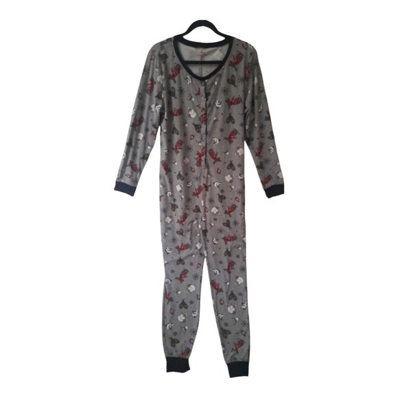 Gray OnePiece Pajama Maple Syrup Moose Beaver Skates Snowshoes Snaps Sz XL - Picture 1 of 8